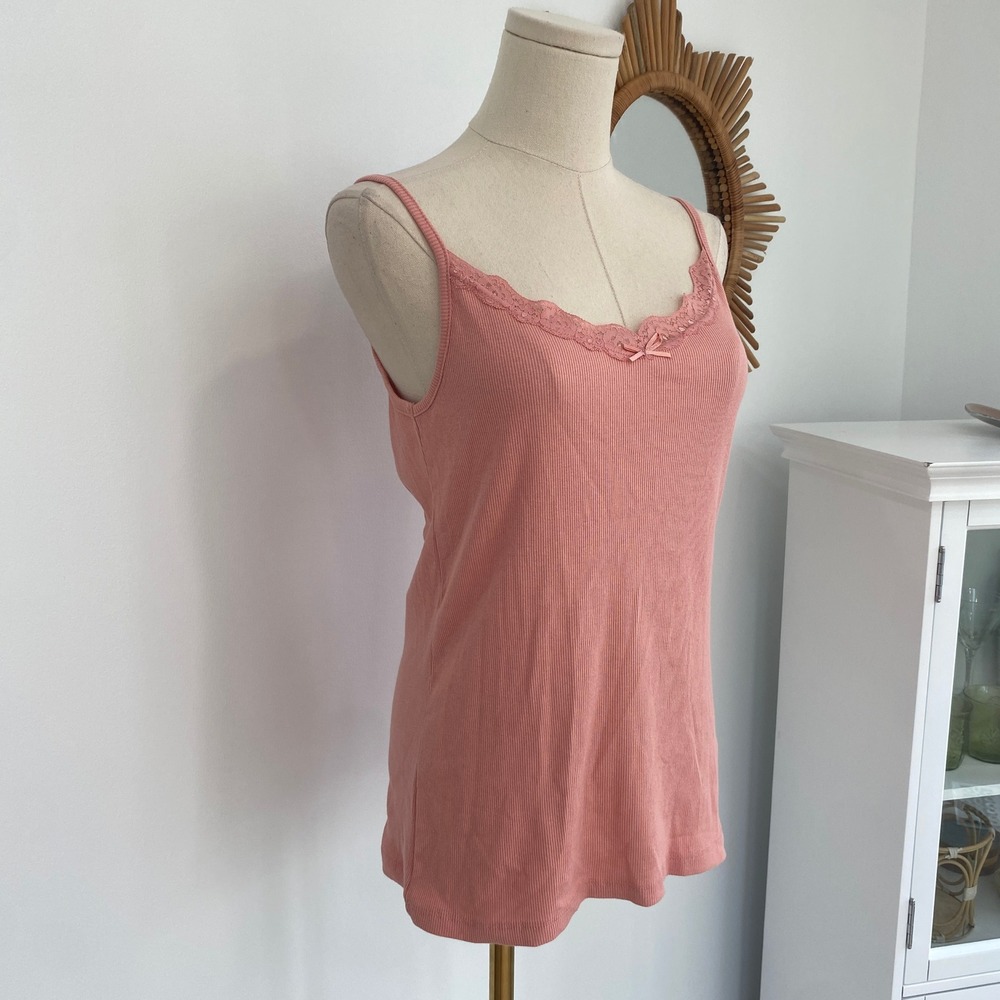 Vintage Y2K Esmara Pink Ribbed Lace Trim Bow Tank Top Coquette Cute M - Picture 3 of 10